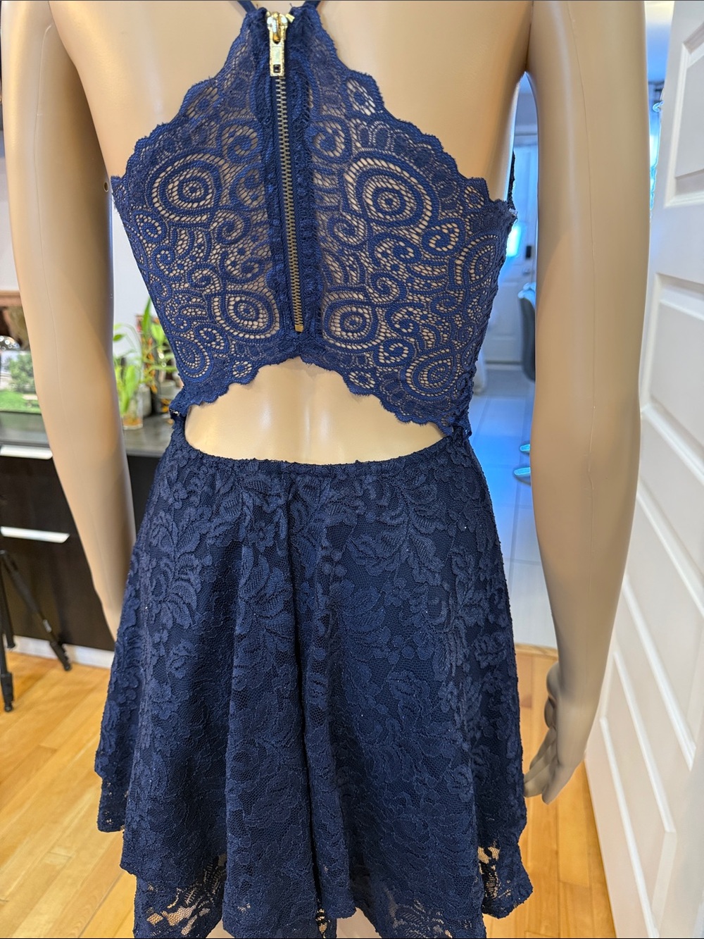 Emerald Sundae Navy Lace V-Neck Spaghetti Strap Mini Dress